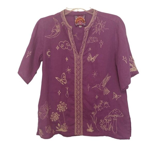 Johnny Purple Embroidered 100% Linen Tunic Blouse, Size XS, Boho Casual - Picture 1 of 7
